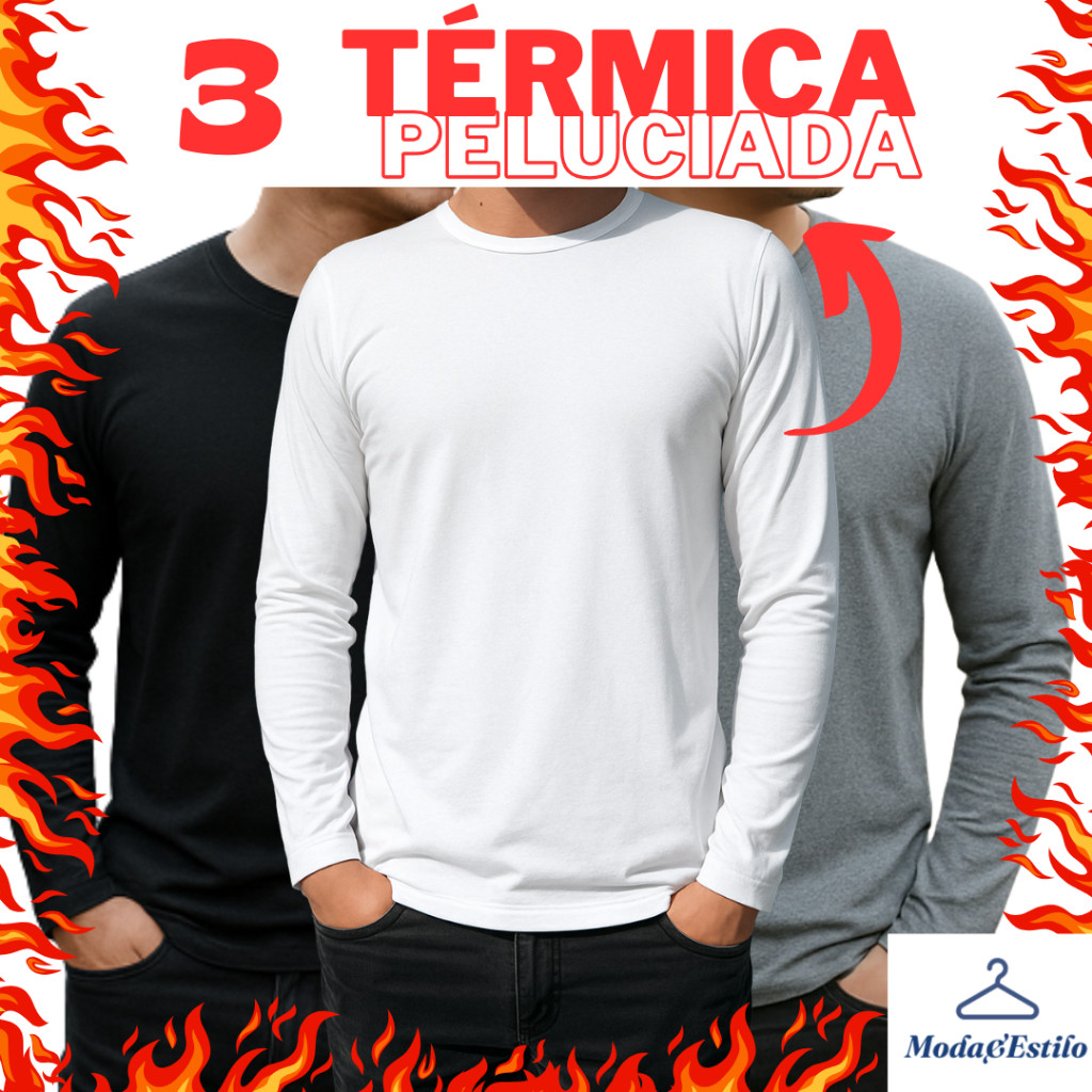 3 Blusa Manga Longa de Frio Masculina Segunda Pele Térmica Pelúcida Forrada Flanelada de Manga Longa