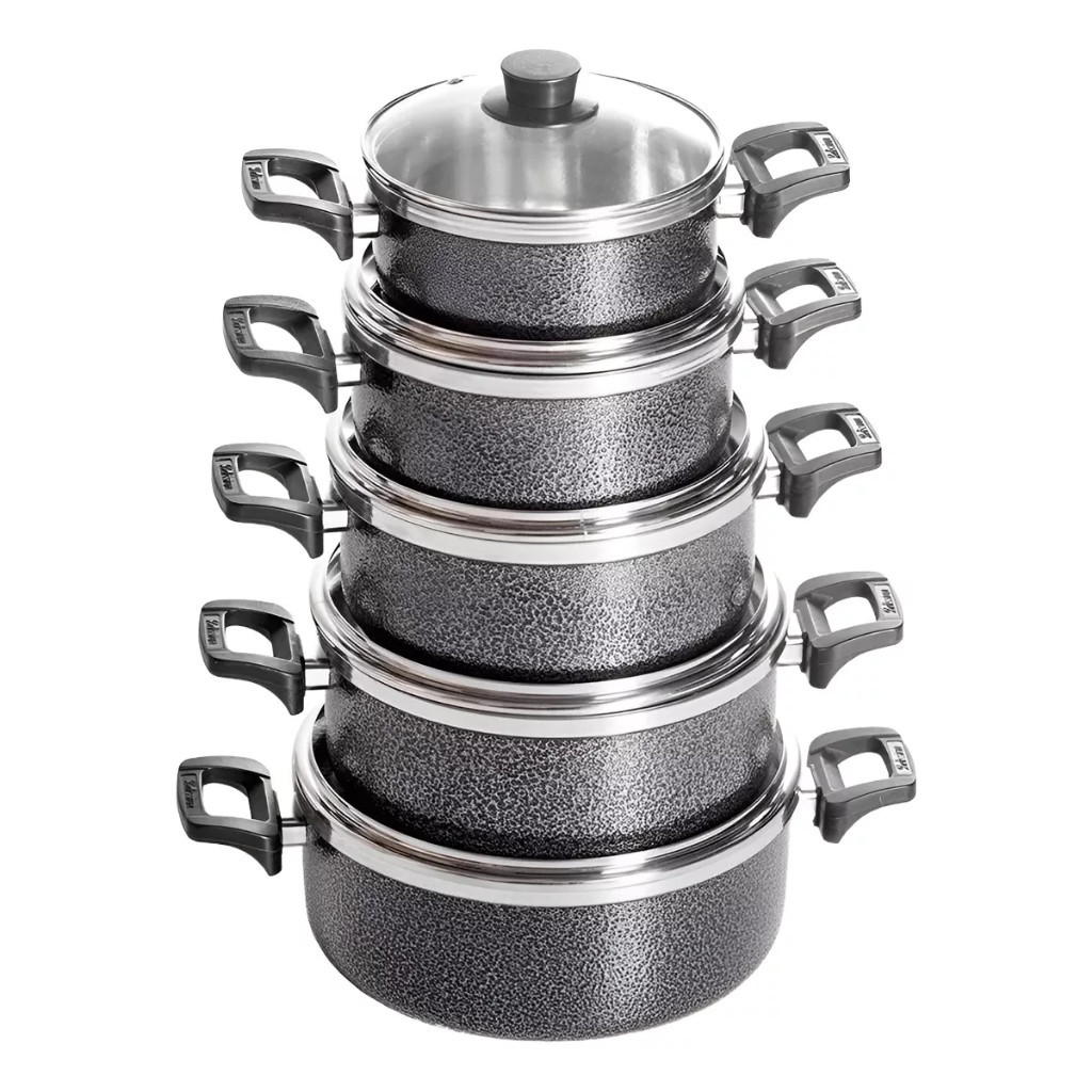 Conjunto Jogo Kit de Panelas de alumínio com tampa de vidro 5 peças