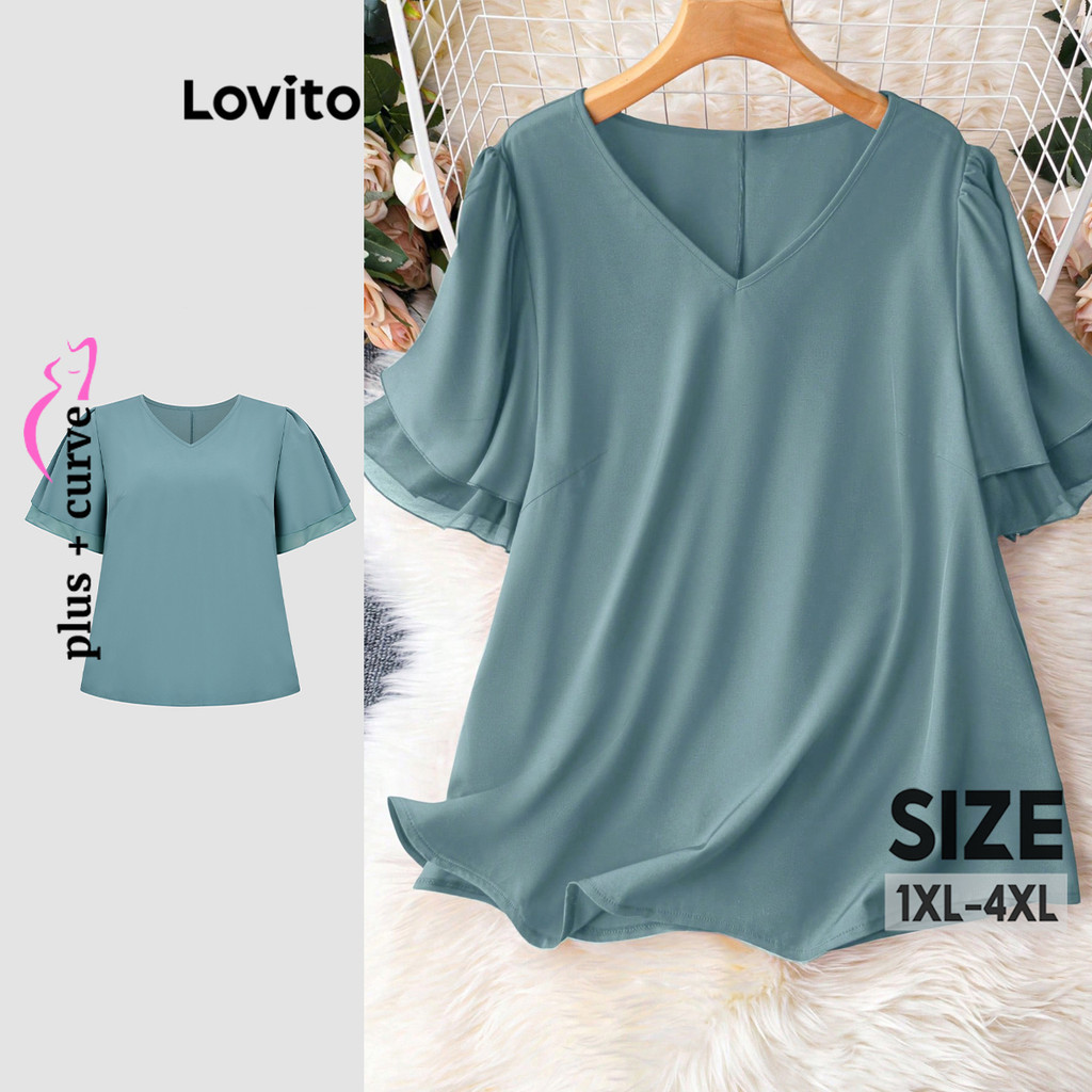 Lovito Blusa Curva Plus Size Casual Lisa Camada Dupla Blusa Verão/Primavera Para Mulheres LBL20323 em Oferta na Shopee