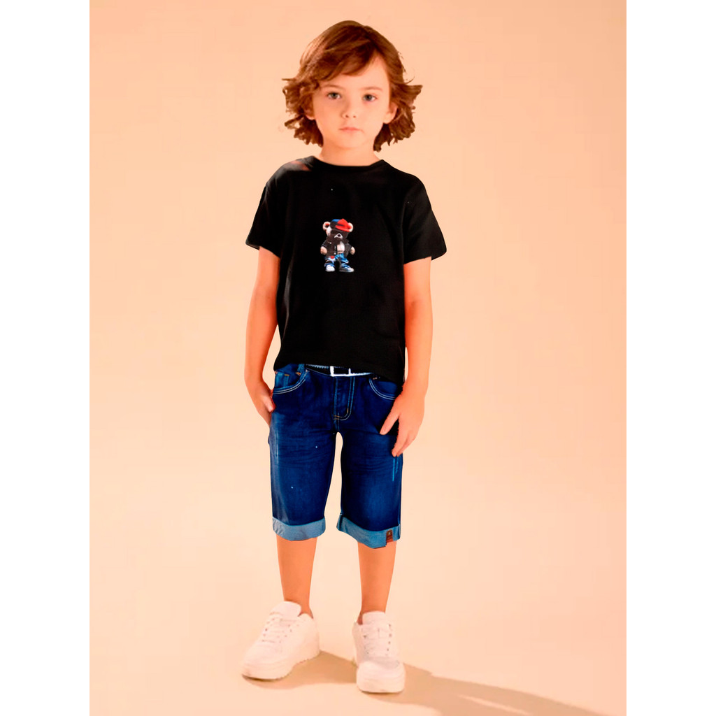Conjunto Bermuda Jeans com Cinto e Regulagem no Cós e Camiseta em Algodão Infantil Juvenil Estampas