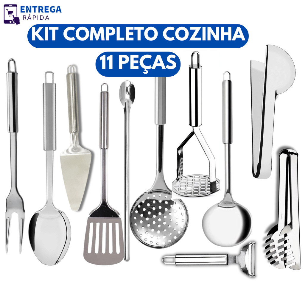 Kit 11 Utensílios de Cozinha Inox Descascador de Legumes Amassador de Batata Concha Escuma...