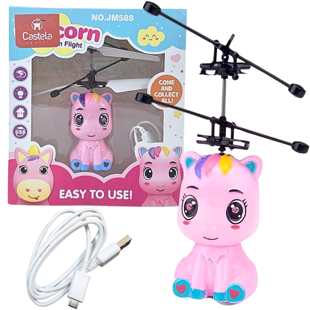Unicornio Rosa Brinquedo Voador Sensor De Mão Luz Robô Voa Castela