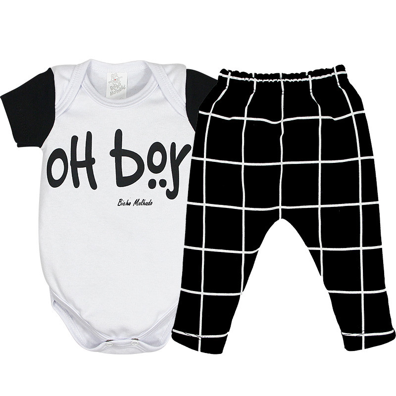 Conjunto Body Suedine Manga Curta Estampa Oh Boy + Calça Suedine Estampada