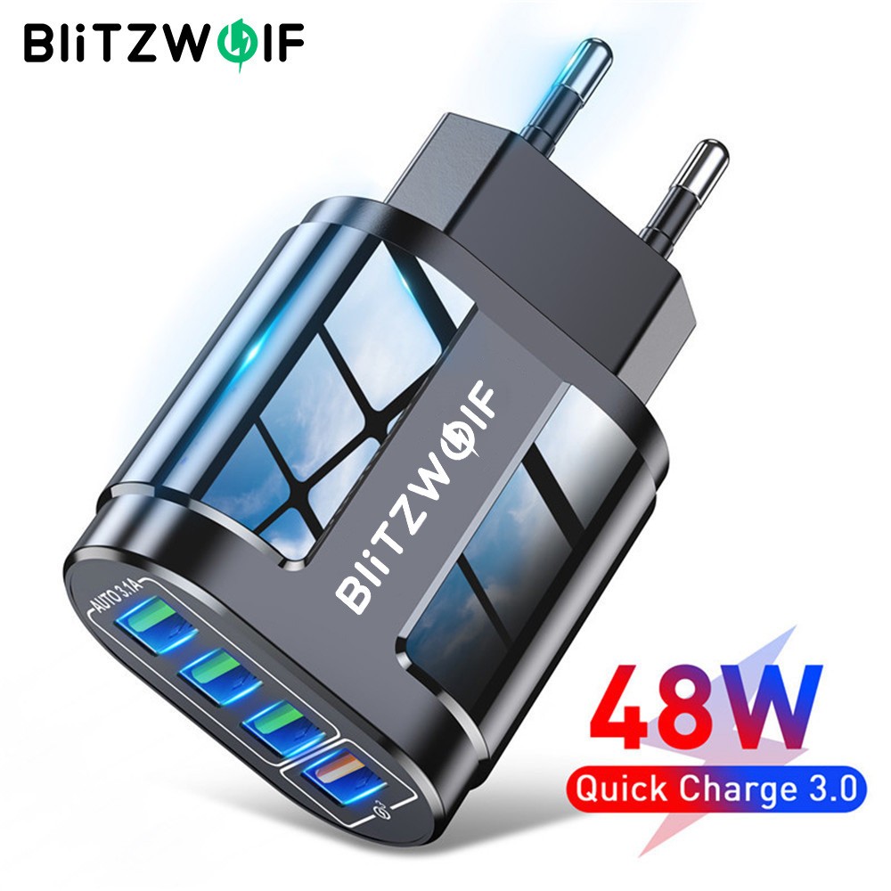 BlitzWolf ® BK-385 48W 4 Portas USB QC 3.0 Carregador Rápido Adaptador De Tomada Ue Para Carregamento De Viagem Na Pared em Oferta na Shopee