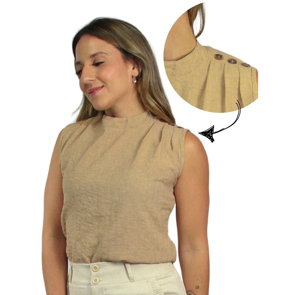 Blusa Feminina Sem Mangas 3 Botões no Ombro Casual Sem Transparência Estilosa Moda Verão