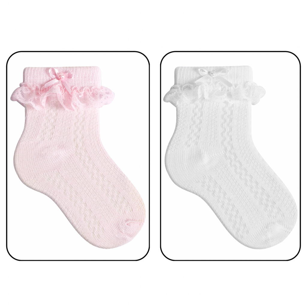 KIT 2 PARES MEIA PARA BEBE MENINA COM LAÇO E RENDA CETIM BATIZADO CASAMENTO E FESTAS
