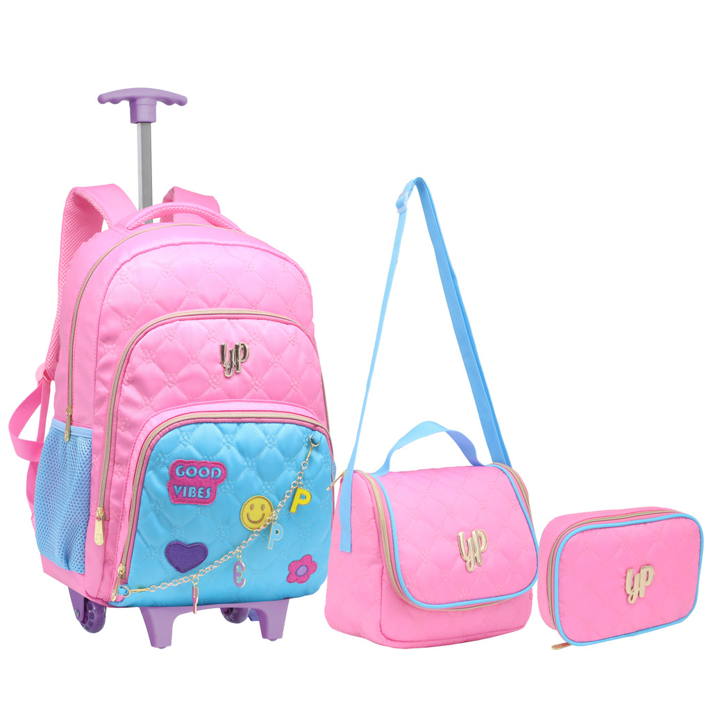 Kit Mochila Escolar Trolley Rodinha Good Vibes Rosa Juvenil em Oferta na Shopee