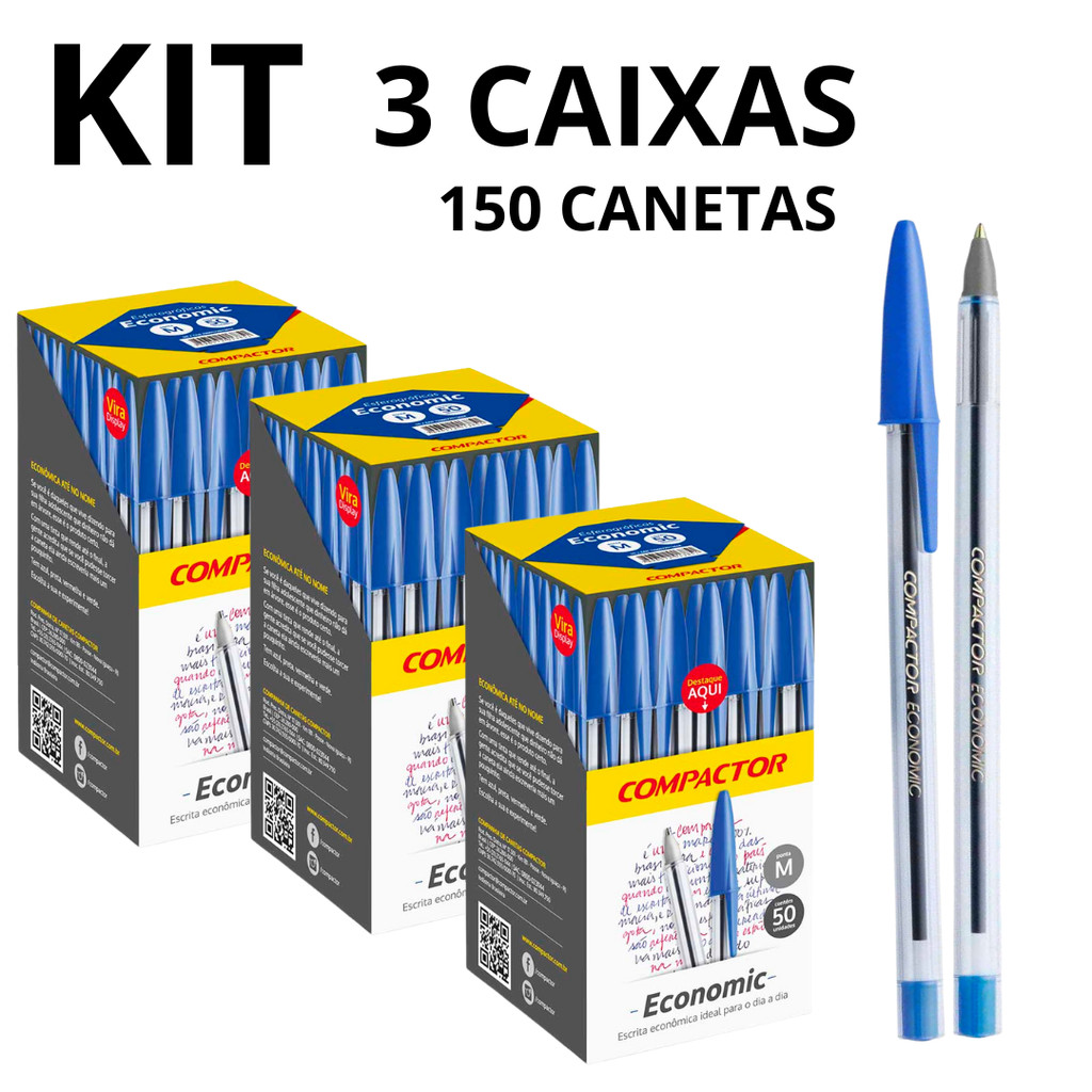 Kit 3 Caixas Caneta Azul Esferográfica Economic 1.0mm 50 unidades Cada - Compactor - 150 Canetas