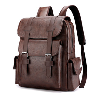Mochila Masculina Retro Multifuncional Pu Couro Macio Grande Capacidade Bolsa De Ombro Viagem Computador