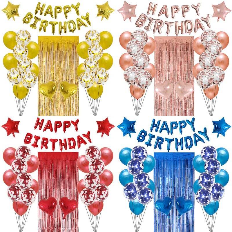 39 Peças Balão Feliz Aniversário Balões Happy Birthday Metalizado Cortina Metalica Bexigas Confete Kit Decoração Festa