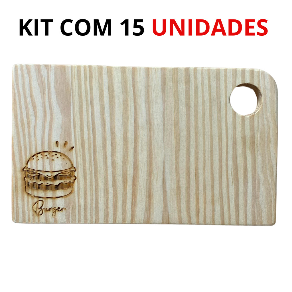 Tábua para Sanduíche, Hambúrguer Kit c/ 15 Unid Madeira