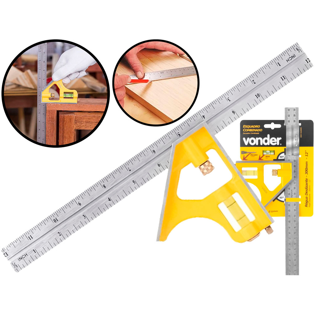 Esquadro Combinado 12 Polegadas Com Régua Deslizante Inoxidável Nível Riscador Ângulos De 45° E 90° Vonder	 em Oferta na Shopee