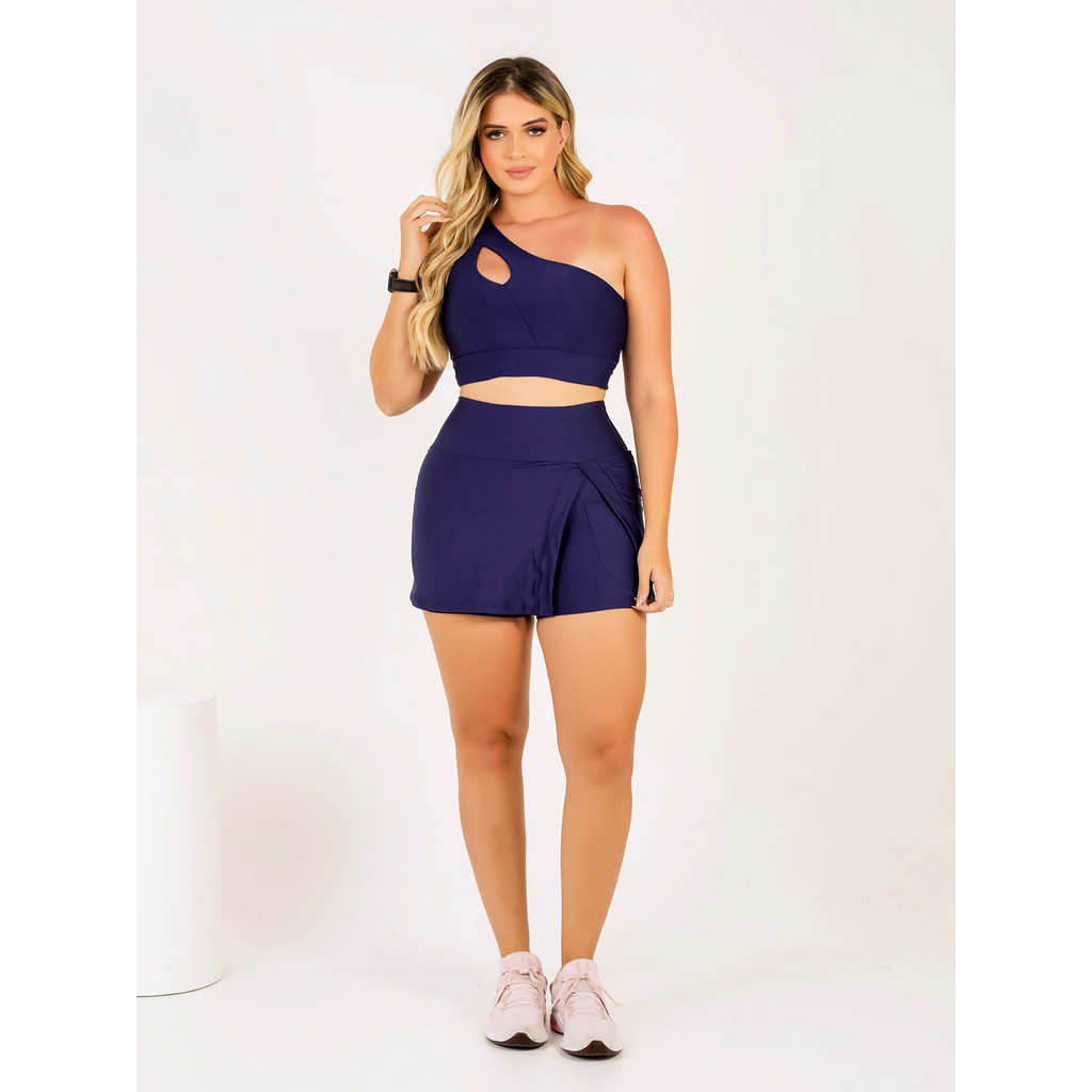 Conjunto Short Saia Cintura Alta Com Bolso Abertura Fenda Top Cropped Fitness Feminino Academia Moda Evangélica