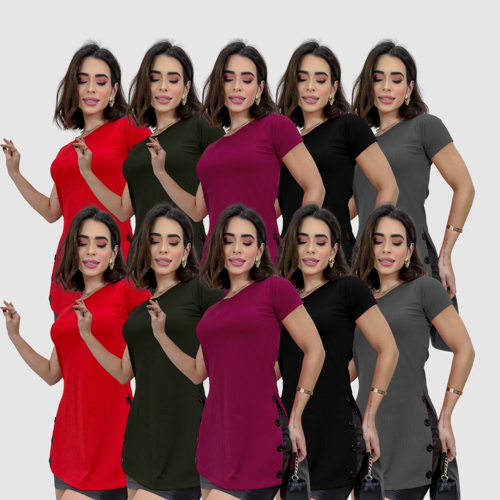 Kit 10 Blusa Feminina Manga Curta Tecido Canelado Alongado Botões Tendência