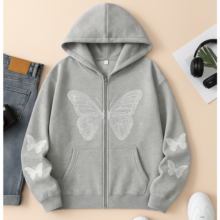 Moletom Aberto com Borboletas  Zíper  Estilo Coreano Estilo Tumblr  Confortável em Oferta na Shopee