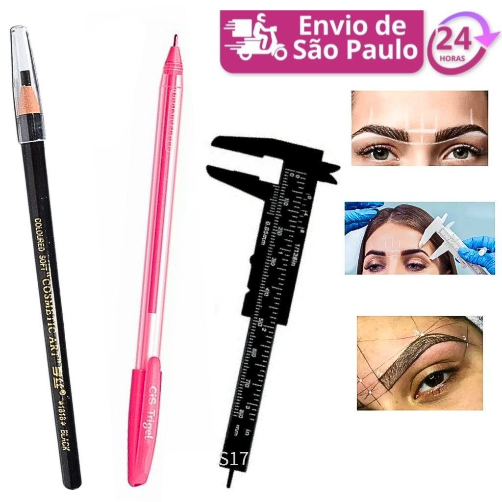 Lápis Dermatográfico + Paquímetro + Caneta Gel Branca para Sobrancelha Perfeita S-017