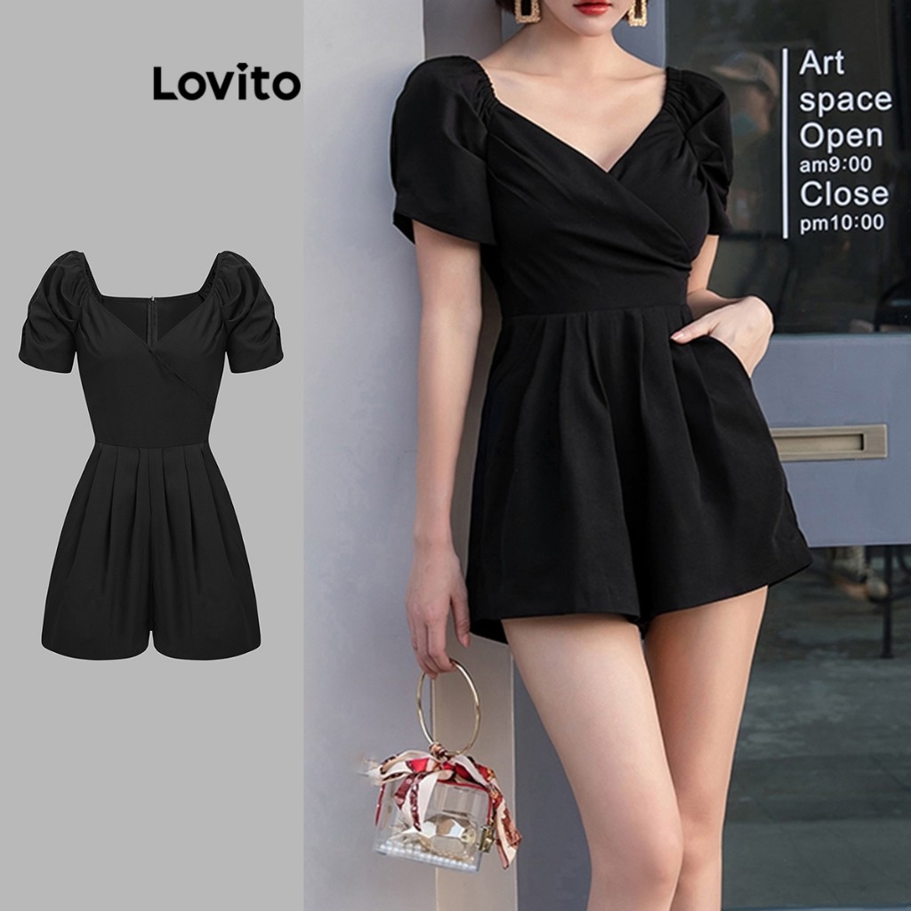 Lovito Macacão Elegante Macacão Plissado Liso Para Mulheres L109MD373 - Women Clothes
