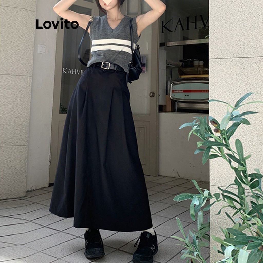 Lovito Saia Casual Drapeada Básica Estilo Formal Saia De Verão/Primavera Para Mulheres L49AD093 (Preto) - Women Clothes