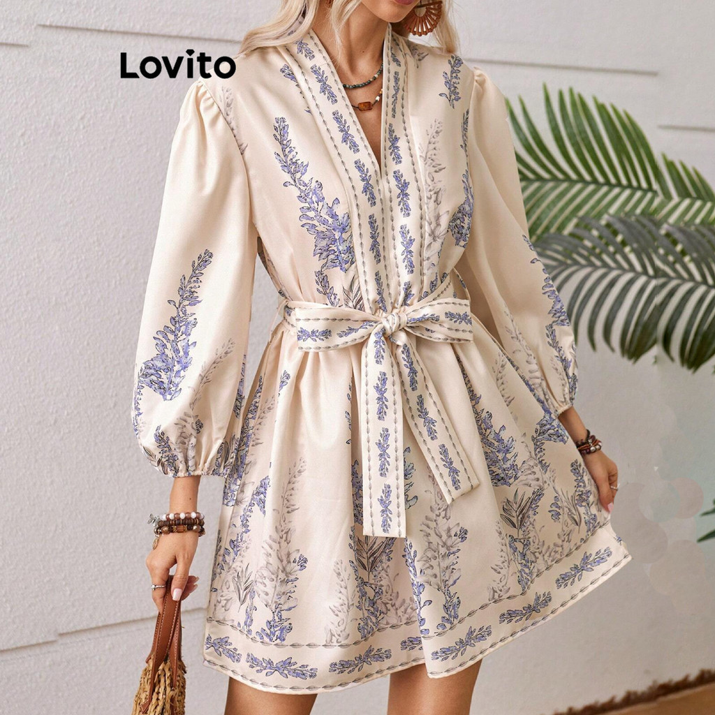 Lovito Vestido Elegante Com Costura Em Tecido Floral Com Cinto Vestido De Verão/Primavera Para Mulheres LBL14139 - Women Clothes