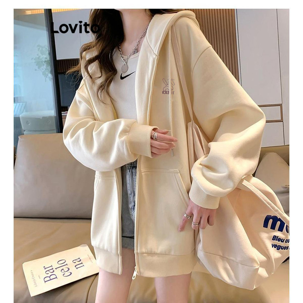 Lovito Jaqueta Casual Com Capuz E Zíper De Desenho Animado Para Mulheres LNA38246 (damasco/cinza claro) - Women Clothes