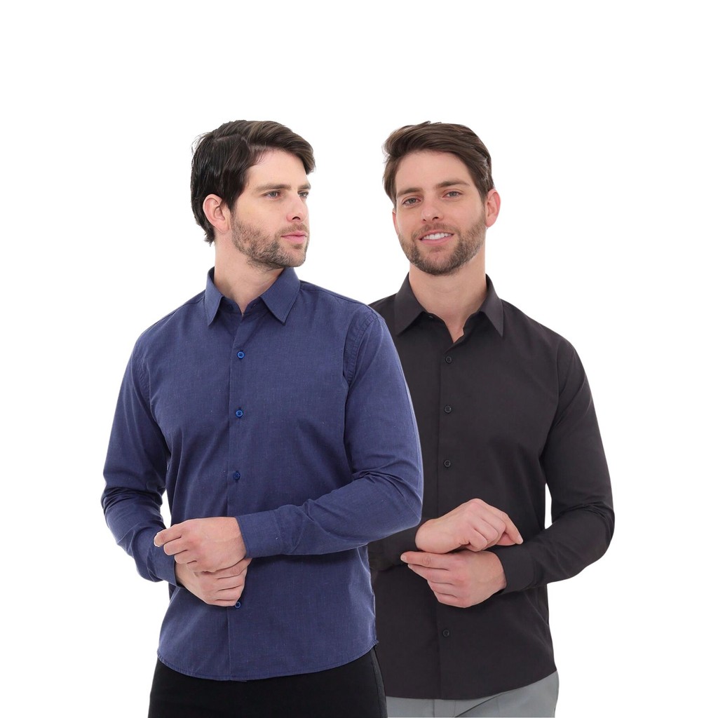 KIT Masculino 2 Peças - Camisa Social Premium Tipo Linho Azul Marinho e  Camisa Social Slim Preta