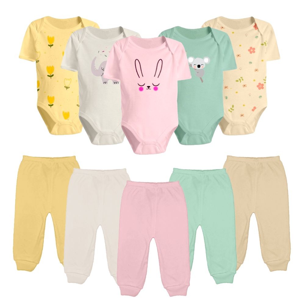 Kit 10 Peças Bebê Body Manga Curta Estampado e Mijão Algodão