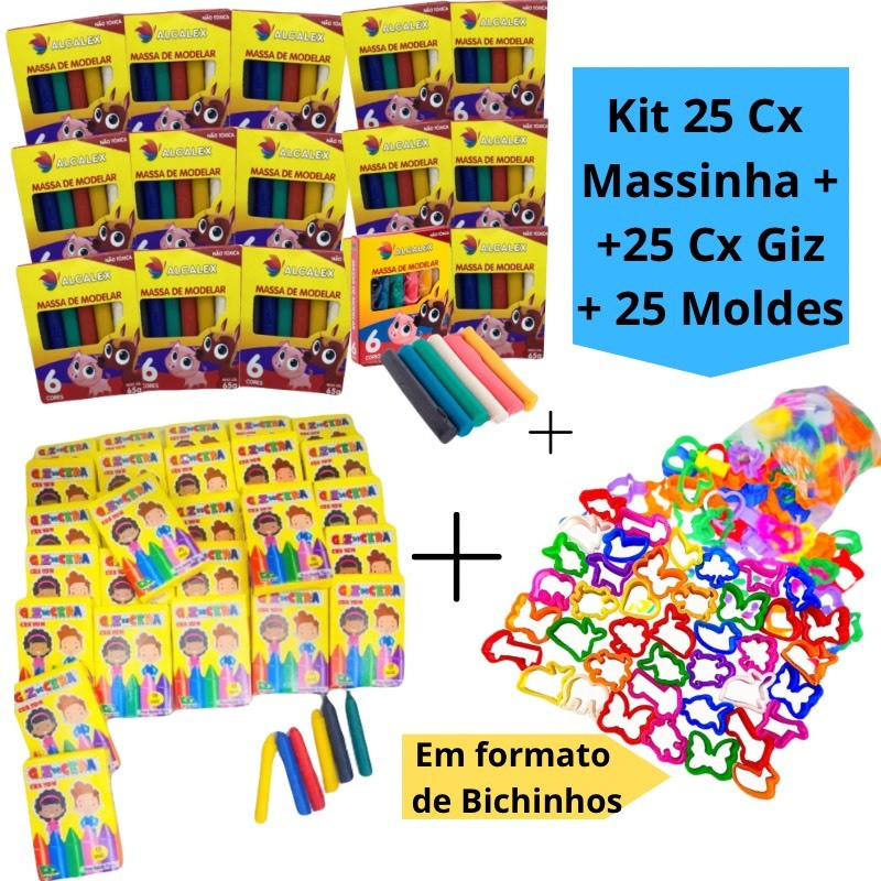 Kit 25 Cx Massinha de Modelar + 25 Cx Giz de Cera Mini + 25 Molde Cortador Kit Festa Forminhas Infantil Lembrancinha Esc em Oferta na Shopee