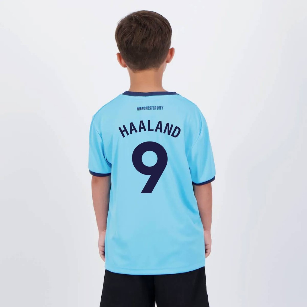 Camisa Manchester City Haaland 9 Maine Infantil Azul em Oferta na Shopee