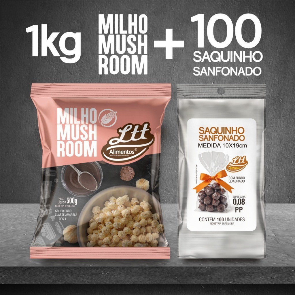 Milho Mushroom Pipoca Gourmet 1kg + Saquinho para pipoca gourmet 10x19cm com 100 unidades Mais Temperos