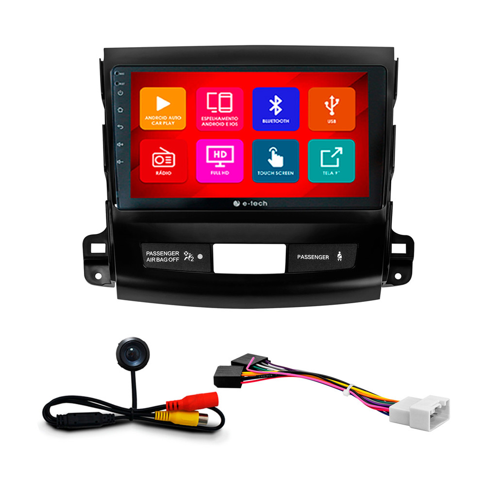Kit Multimídia 9 Pol Outlander 2008 2009 2010 2011 2012 Android Auto CarPlay Qa+ 2 Din Preto Espelhamento Android Ios