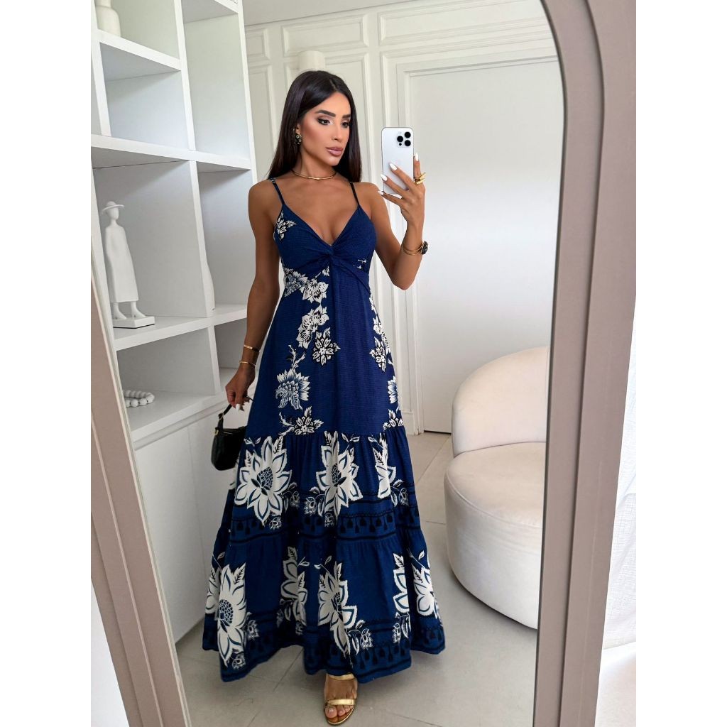 Vestido Longo Estampado Decote V Com Bojo Amarração Nas Costas Elegante Soltinho Verão 029flor