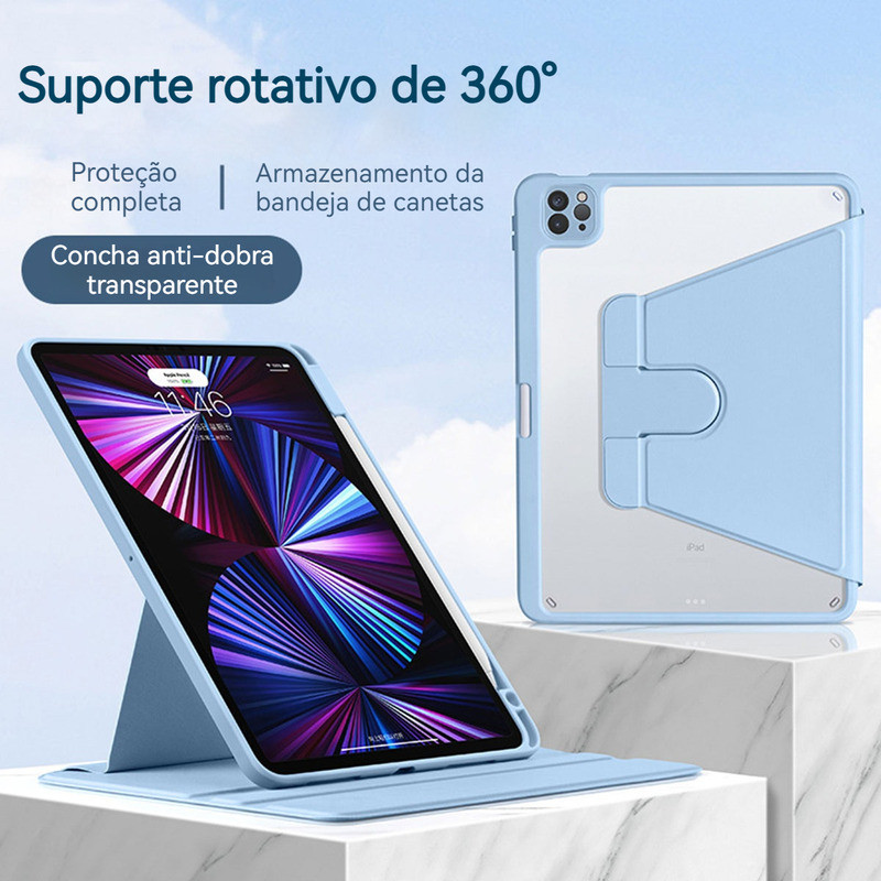 Capa Giratória Transparente Com Slot Para Caneta Para iPad 5/6/7/8/9/10 , air3/4/5, mini6, ipad pro 11 ou 12,9polegadas
