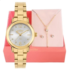 Relógio de Pulso Feminino Pequeno Original Condor Dourado CO2035NMP/K4K + Conjunto Colar E Brinco