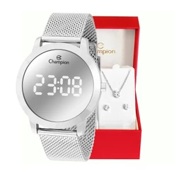 Relógio Feminino Champion Digital Espelhado Pulseira Mesh CH40106S + Conjunto Colar E Brinco