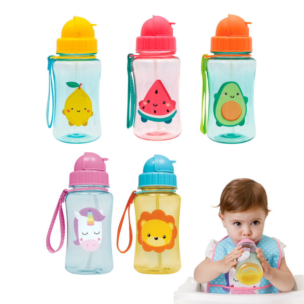 Garrafinha Infantil Água Canudo Silicone Tampa Retrátil Buba