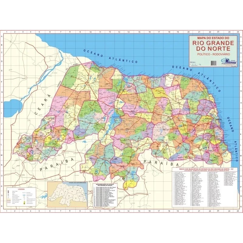 Mapa Geográfico Político e Rodoviário Gigante do Estado do RIO GRANDE DO NORTE - Litoral do Nordeste