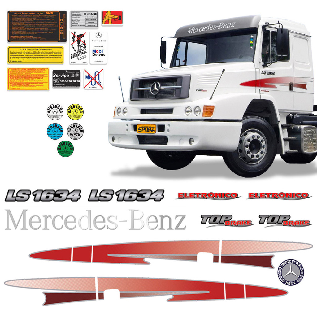 Faixas Mercedes Benz Mb Ls 1634 Adesivo Vermelho + Emblemas em Oferta na Shopee