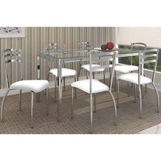 Conjunto: Mesa de Cozinha Reno c/ Tampo Vidro 150cm + 6 Cadeiras Portugal Cromado/Courano Branco - Kappesberg em Oferta na Shopee
