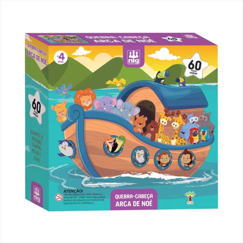 Quebra-Cabeça Infantil Arca de Noé de Madeira 60 Peças Nig 0425 Educativo Resistente