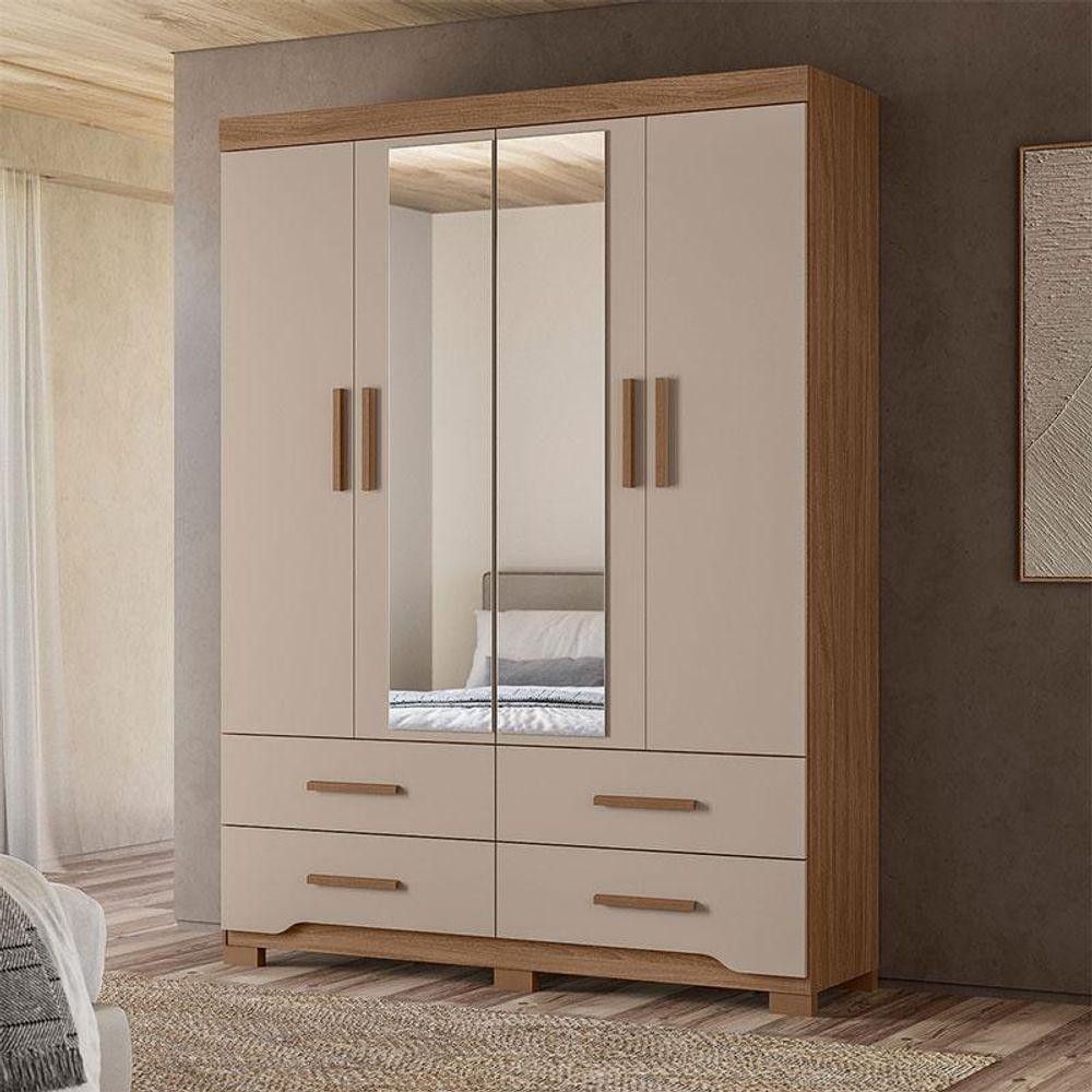 Guarda Roupa Solteiro Ambiente Miami 4 Portas Carvalho Fendi Com Espelho - Moval em Oferta na Shopee