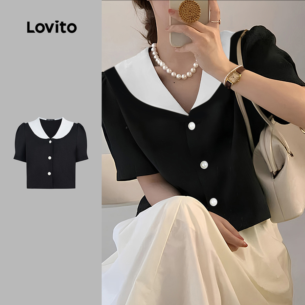 Lovito Blusa Casual com costura em tecido frontal com botão liso para mulheres L131LD1204 em Oferta na Shopee