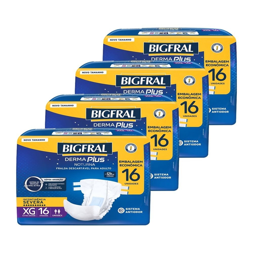 Fralda Descartável Adulto Bigfral Derma Plus Noturna TamanhoXG4 Pacotes com 16 FraldasTotal 64 tiras