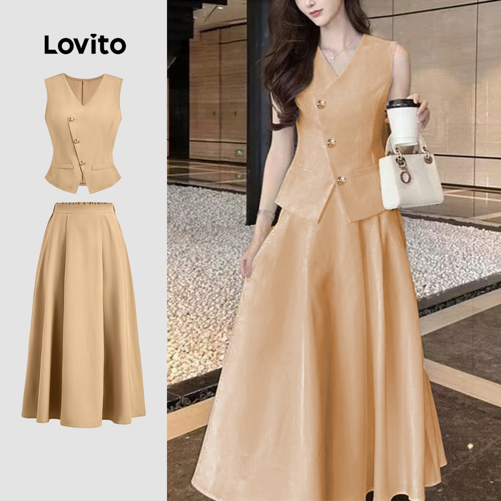 Lovito Tops Ou Calças Casuais Com Zíper De Botão Liso Para Mulheres L133ED848 - Women Clothes