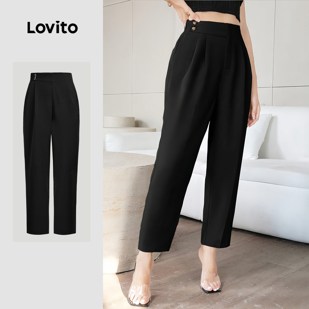 Lovito Calças Casuais Lisas Com Botões, Calças De Verão/primavera Para Mulheres L133ED259 em Oferta na Shopee