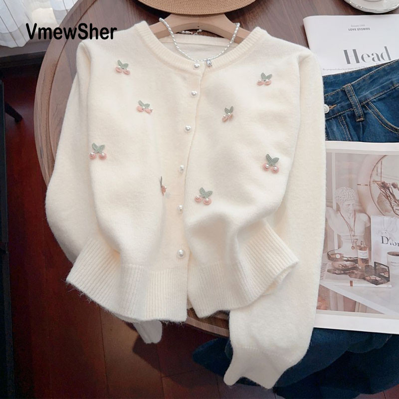 VmewSher Bonito Cereja Simples Primavera Outono Coreano Malha Cardigan Feminino Doce Macio O Pescoço Camisola Botões Man em Oferta na Shopee