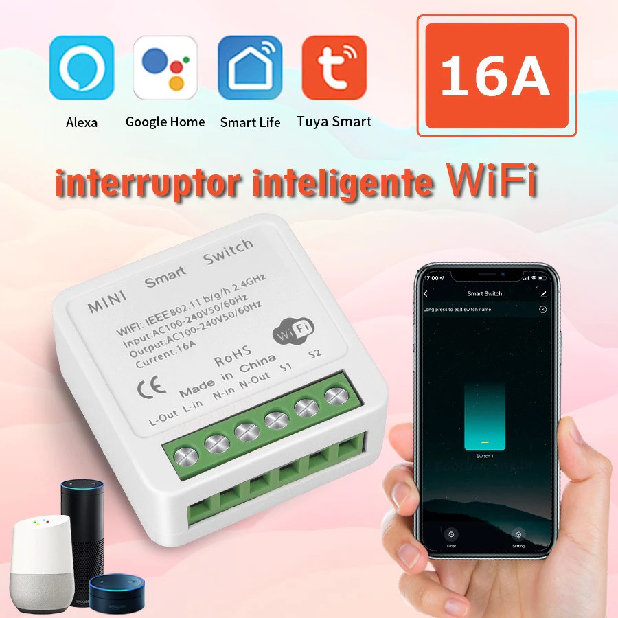 Módulo Interruptor Inteligente Tuya WiFi, Suporta Controle 1 canal, 100-240V, Funciona com Alexa, Google Home