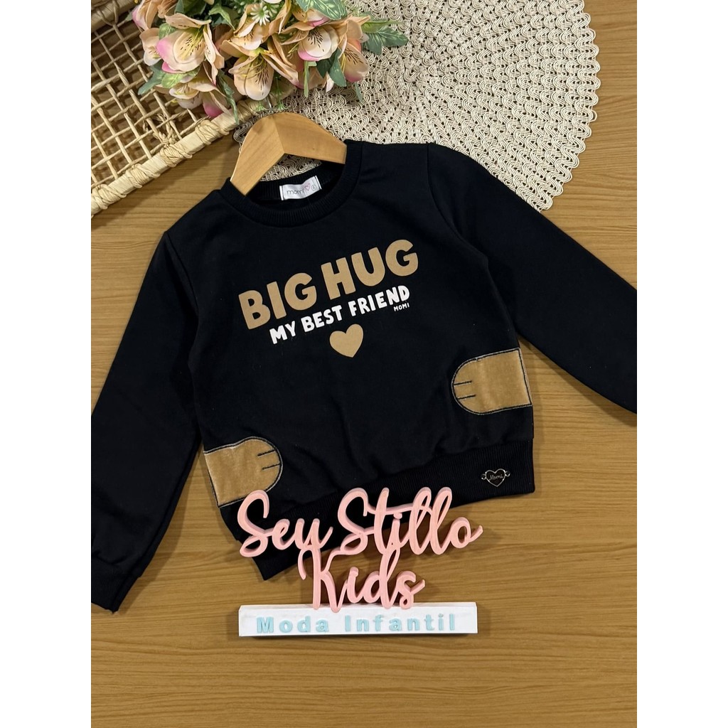 Moletom Infantil Momi Inverno sem Flanela Preto Ursinha Best Friend