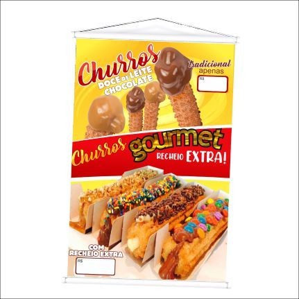Banner Venda de Churros produzido em lona. Cartaz Propaganda para Barraca, Quiosques, Feirantes, carro do churros.
