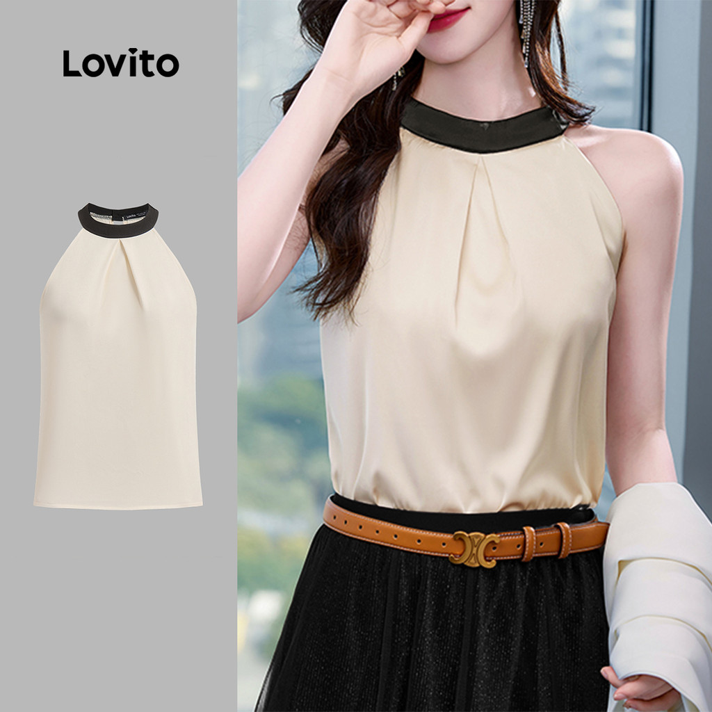 Lovito Top Elegante, Liso, Com Blocos De Cores, Plissado, Regata De Verão/primavera Para Mulheres L131ED240 em Oferta na Shopee