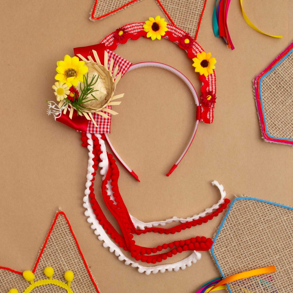Tiara Festa Junina Chapéu De Palha Com Tecido Xadrez Vermelho E Tassel Vermelho E Branco  -